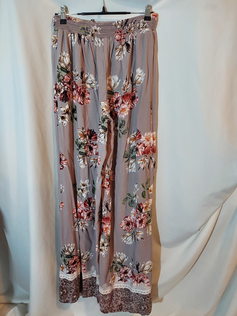 Angie Boho Wide Leg Floral Pants in Taupe with Pink & Green Accents - Picture 2 of 9